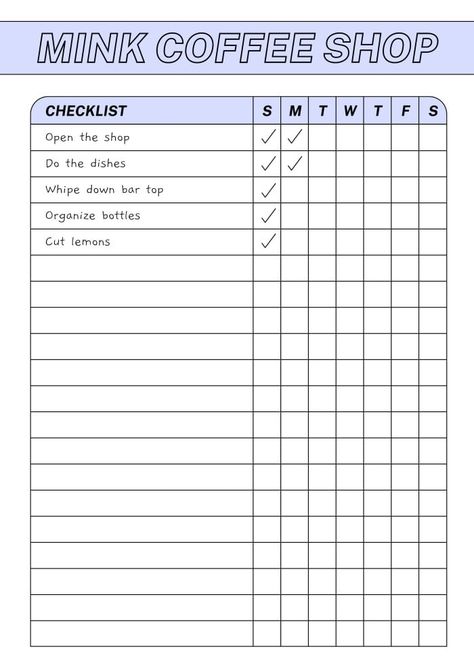 Simple Mink Coffee Shop Check List Coffee Trailer Business Plan, Business Plan For Coffee Shop, Opening A Coffee Shop Checklist, Basic Menu For Coffee Shop, Successful Coffee Shop Tips, Like Icon, Checklist Template, Brand Kit, List Template