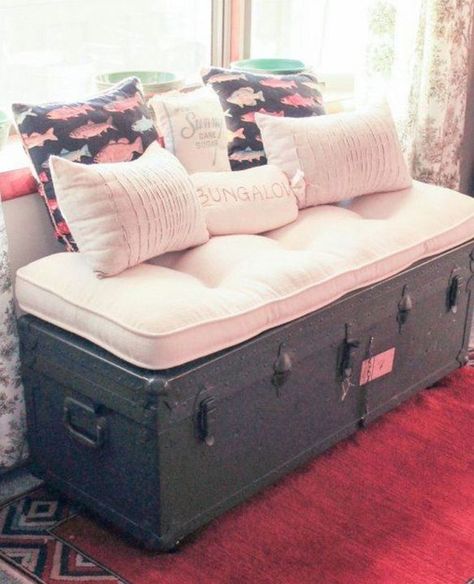 Suitcase Decor - Unusual Home Decor Ideas • One Brick At A Time Trunk Makeover, Diy Pouf, Suitcase Decor, Vintage Side Tables, Trunk Ideas, Bedroom Storage Ideas, Diy Ottoman, Old Trunks, Unusual Home