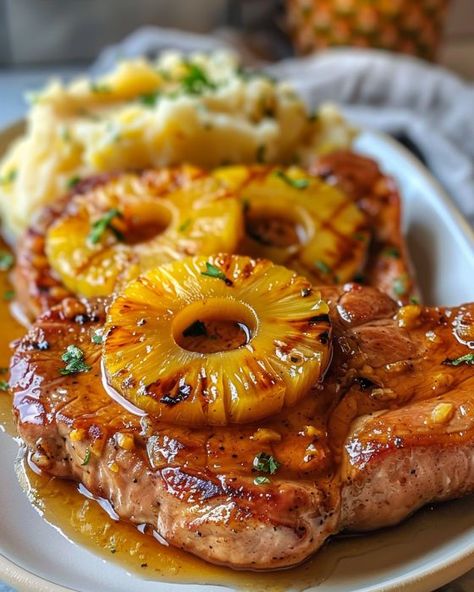 This is my hubby's kryptonite; he just can't resist asking for more Hawaiian Pork Chops Baked, Pineapple Pork Chops Baked, Butterfly Pork Chops Recipe, Good Sides For Pork Chops, Port Chops Recipes Easy Dinners, Pork Chop Recipes With Pineapple, Pineapple Teriyaki Pork Chops, Taste Of Home Pork Chops, Monroe County Style Pork Chops