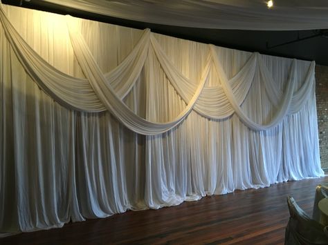 Fabric Wall Draping, Chiffon Wall Draping, Wall Drapping Ideas, Draped Fabric On Wall, Draping Fabric On Walls, Fabric Draping Techniques, Leslie Core, Draping Wedding Reception, Bridgerton Prom