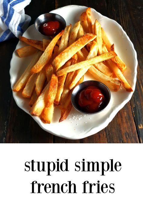 Stupid Simple French Fries are your easy, no brainer oven baked non-fussy answer to bagged, frozen fries! They taste better, so fresh, and are a fraction of the cost. Best of all, no additives or waste.     #frenchfries #EasyFrenchFries #StupidSimpleFrenchFries #OvenFries #BakedFries via @frugalhausfrau