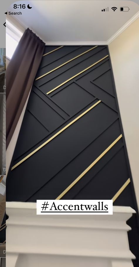 Gold And Black Wall Decor, Gold Paint Accent Wall, Black Accent Wall Staircase, Black And Gold Room Ideas, Dark Board And Batten Wall, Black And Gold Accent Wall, Black Statement Wall, Black Interior House, Unique Accent Wall Ideas