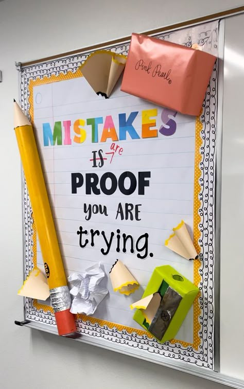 Eoy Bulletin Boards, Classroom Billboard Ideas, Bulletin Board Ideas For Sped Teachers, Mistakes Are Proof That You Are Trying Bulletin Board, English Teacher Classroom Ideas, Theme For Classroom Decorating, Gifted And Talented Bulletin Board Ideas, Staar Bulletin Boards Ideas, 3d Bulletin Board Ideas Creative