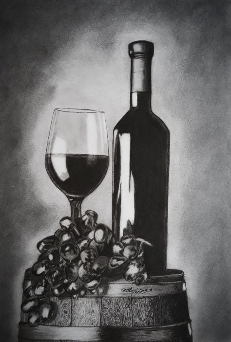 Watercolor Still Life Paintings Simple, Glass Pencil Drawing, Still Life Sketch, Drawing On Paper, Charcoal Art, Art Education Resources, Wine Art, Still Life Drawing, Bottle Of Wine