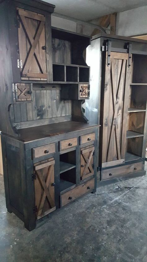 Pallet Cabinets Kitchen, Rustic Kitchen Cabinet Colors, Barn Door Kitchen Cabinets, Furniture Pantry, Country Farmhouse Furniture, Rustic Storage Cabinets, Marion Indiana, Barn Door Cabinet, Farmhouse Cabinet