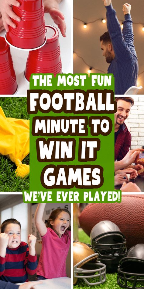 Funny Minute To Win It Football Games And Super Bowl Party Games Activities For Groups - Best football minute to win it party games for kids and adults. Great for super bowl party activities, football birthday party ideas, tailgating games and any sports themed parties! #footballgames #minutetowinit #footballparty #tailgatingparty #groupgames #sportsthemes High School Tailgate Party, Birthday Party Sports Games, Fun Superbowl Games, Games For Football Themed Party, Football Birthday Activities, Outdoor Football Party Games, Sports Birthday Party Activities, Football Tailgate Games, Football Birthday Party Activities