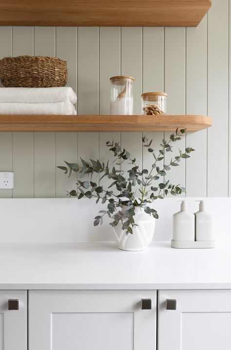 Coastal Laundry Room, Laundry Shelves, Green Laundry, Timber Shelves, Laundry Design, Laundry Room Inspiration, Laundry Decor, Beach Shack, Kitchen Benches