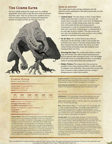 Dnd 5e Low Level Monsters, Corpse Eater Dnd, Spooky Dnd Monsters, Dnd Mutated Monsters, Abyssal Creatures Dnd, Undead Creatures Dnd, D&d Monster Stats, Dnd Creatures Art, Cool Dnd Monsters