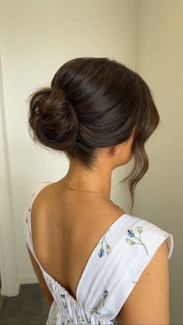 Mid Bun Wedding Hair With Veil, Textured Twist Updo, Teased Low Bun, Low Bun Wedding Hair Bridesmaid, Veil Above Bun, Low Clean Bun Wedding, Soft Bun Wedding Hair, Mid Bun Updo, Wedding Buns For Short Hair