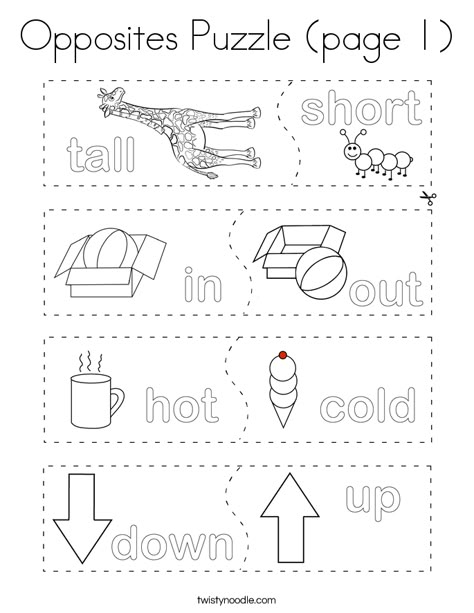 Opposites Puzzle (page 1) Coloring Page - Twisty Noodle Preschool Opposites, Opposites For Kids, Opposites Preschool, Coloring Pages Detailed, Opposites Worksheet, Worksheets For Preschoolers, Coloring Pages Aesthetic, Twisty Noodle, English Activities For Kids