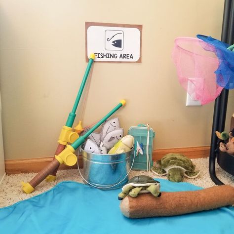 Fish Dramatic Play, Camping Dramatic Play Ideas, Fishing Dramatic Play, Playroom Stations, Fishing Dramatic Play For Preschool, Camping Dramatic Play Preschool Ideas, Park Ranger Dramatic Play, Preschool Camping Dramatic Play Area, Camping Dramatic Play Preschool