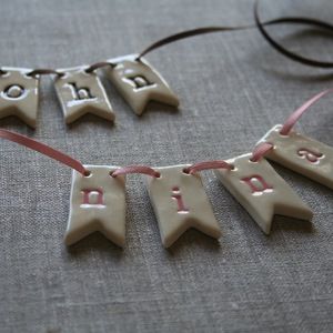 Ceramic letter flag bunting by Paper Boat Press Toadstool Craft, Paper Boats, Mini Flag, Marbled Clay, Bunting Flag, Tile Crafts, Mini Flags, Clay Crafts Air Dry, Paper Boat