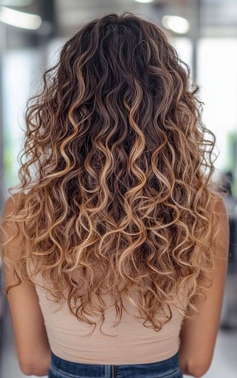 Ombre hair color on long curly hair with soft blended tones for dimension. Brunette Curly Hair Color Ideas, Ombre Hair Color For Curly Hair, Ombre Hair Color Curly Hair, Naturally Curly Hair Color, Hair Color Ideas For Curly Brunettes, Natural Curly Hair With Highlights, Hair Color Ideas For Brunettes Curly, Curly Hair Ombre Balayage, Wavy Balayage Hair