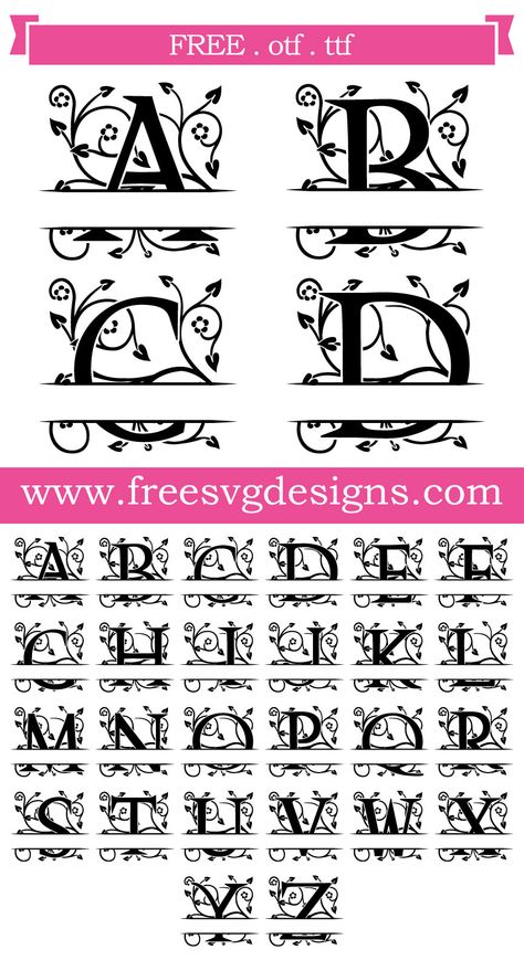 Cliff Notes: You can slice just about any font to make it a split monogram.  Some of the best include: Impact Shadow MT , Regal , Re... Lettering Stencils, Free Monogram Fonts, Christmas Fonts Free, Cricut Monogram, Floral Font, Svg Monogram, Idee Cricut, Free Monogram, Floral Banners