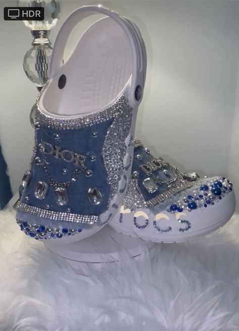 Denim Crocs Diy, Rhinestone Crocs Shoes Diy, Bling Crocs Shoes Blue, Navy Blue Bling Converse, Blinged Out Crocs, Crocs Diy, Blinged Crocs, Croc Decorations, Crocs With Charms