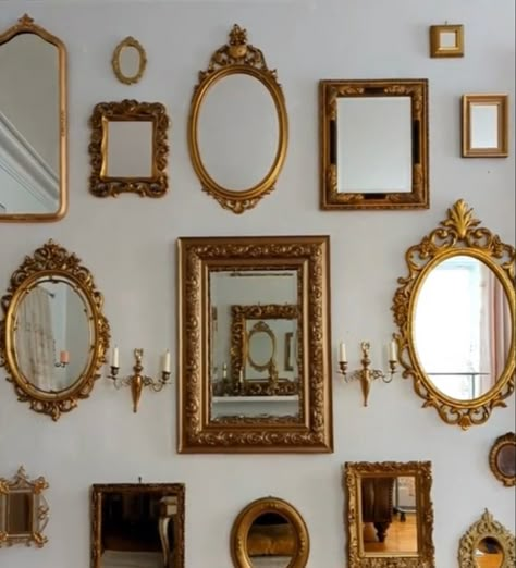 Gold Framed Mirror Living Room, Mirror Gallery Wall Bathroom, Gold Antique Frames On Wall, Gold Vintage Frames On Wall, Vintage Gold Frame Mirror, Gold Mirror Accent Wall, Different Mirrors On Wall, Thrifted Mirror Wall, Wall Of Mirrors Aesthetic