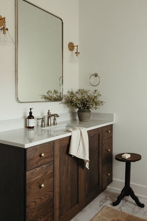 European Farmhouse Master Bath, Small Bathroom Timeless, European Farmhouse Bedroom Decor, Styling Bathroom Vanity, European Farmhouse Interior Design, European Inspired Bathroom, European Traditional Interior Design, Moody Master Bath Inspiration, Dark Wood Farmhouse