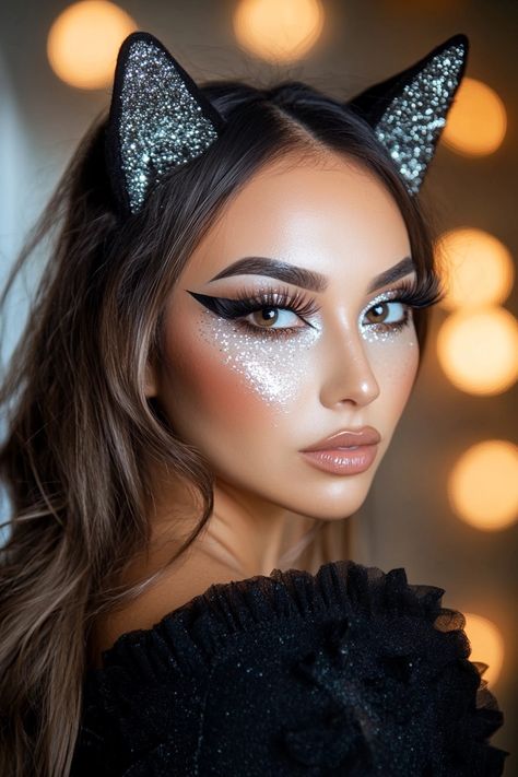 Cat Like Makeup, Makeup Event, Club Makeup Looks, Kitty Costume Makeup, Cat Woman Makeup, Halloween Cat Makeup, Cat Makeup Look, Simple Cat Makeup, Halloween Party Events