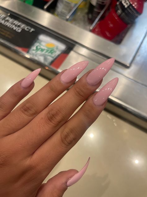 French Tip Ideas Long Nails, Almond Soft Pink Nails, Almond Shape Long Nails, Pink Sharp Almond Nails, Glossy Pink Almond Nails, Long Almond Nails Solid Color, Pink Designs Nails, Long Almond Nails With Gems, Long Almond Pink Nails