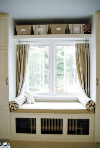 if you have an old home with radiators this website is a great tool to teach you how to decorate around a radiator Window Seat Curtains, Shelf Over Window, Bedroom Window Seat, Radiator Covers, Window Benches, Dekorasi Kamar Tidur, Window Seats, Small Room Design, Radiator Cover