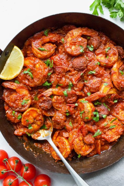 Spanish Shrimp and Chorizo | Every Last Bite Spanish Style Shrimp, Fresh Chorizo Recipes, Chorizo And Shrimp Recipes, Chorizo Shrimp Recipes, Prawn And Chorizo Recipes, Shrimp And Chorizo Recipes, Chorizo Ideas, Chorizo Dishes, Recipes Chorizo