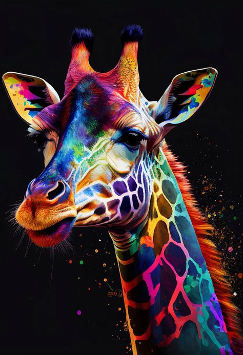 Colorful Giraffe Art, Colourful Animal Paintings, Neon Art Painting, Rainbow Giraffe, Giraffe Artwork, Colorful Giraffe, Colorful Animal Paintings, Bright Colors Art, Giraffe Drawing