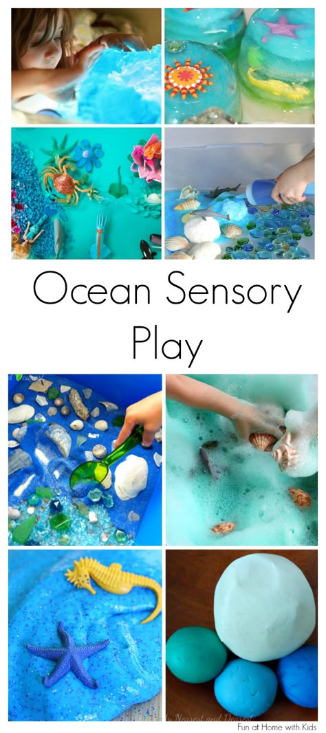 15 of the best ideas for Ocean-themed Sensory Play.  Includes ideas for babies, toddlers, and older children.  From Fun at Home with Kids Ocean Sensory Activities, Ocean Sensory Play, Ocean Sensory Bin, Ocean Sensory, Preschool Ocean, Sensory Tubs, Preschool Sensory, Sensory Bags, Ocean Unit