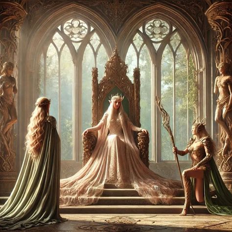 Valkyrie and Nymph were greeted by the Elven Queen in her throne room. #valkyrieandnymph #fantasy #fantasyart #fantasybooks #fantasyai #aifantasyart #aiart #aiartwork #aiartcommunity #ai #digitaldrawing #digitalartist #digitalpainting #digitalillustration #digitalcreator Elven Concept Art, Elven Throne Room, Elven Princess Art, Dnd Lore, Elven Aesthetic, Fae Queen, Queen Throne, Elf Queen, Ancient House