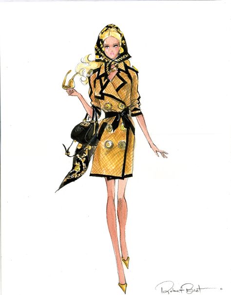 Moschino Barbie Illustration by Robert Best Robert Best Barbie Illustration, Fashion Illustration Barbie, Barbie Robert Best, Robert Best Illustration, Robert Best Barbie Sketches, Fashion Drawings Sketches, Robert Best Barbie, Fashion Designer Illustration, Barbie Sketch