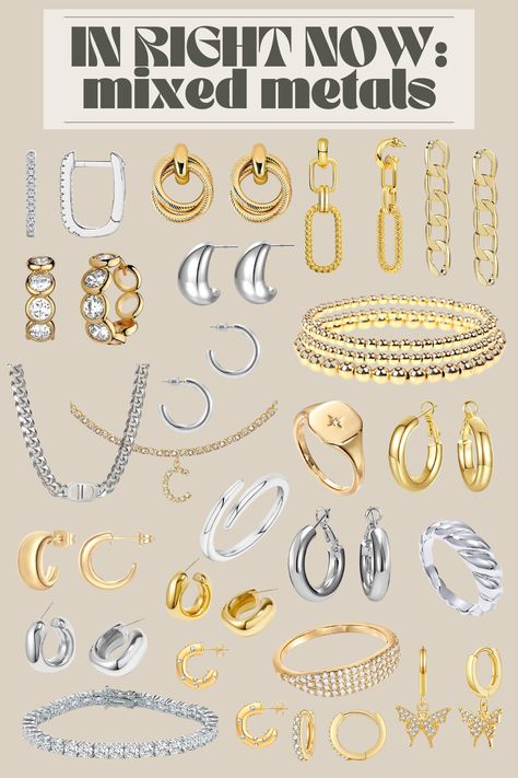 Silver Metal Jewellery, Silver And Gold Bracelets Together, Silver And Rose Gold Jewelry Mixing, Mix Silver And Gold Jewelry, Mixing Jewelry Metals, Staple Jewelry Pieces, Silver And Gold Jewelry Mixing Earrings, Silver And Gold Mixed Jewelry, Gold And Silver Earrings Mixing