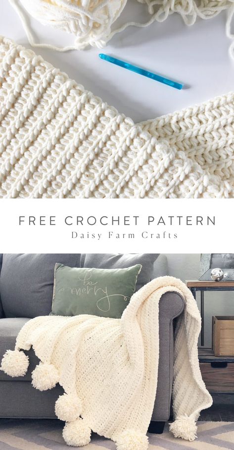 Crochet Blanket Patterns Bernat, Crochet Pom Pom, Chunky Crochet Blanket Pattern, Daisy Farm, Pom Pom Blanket, Chenille Blanket, Chunky Crochet Blanket, Crochet For Beginners Blanket, Crochet Patterns Free Blanket