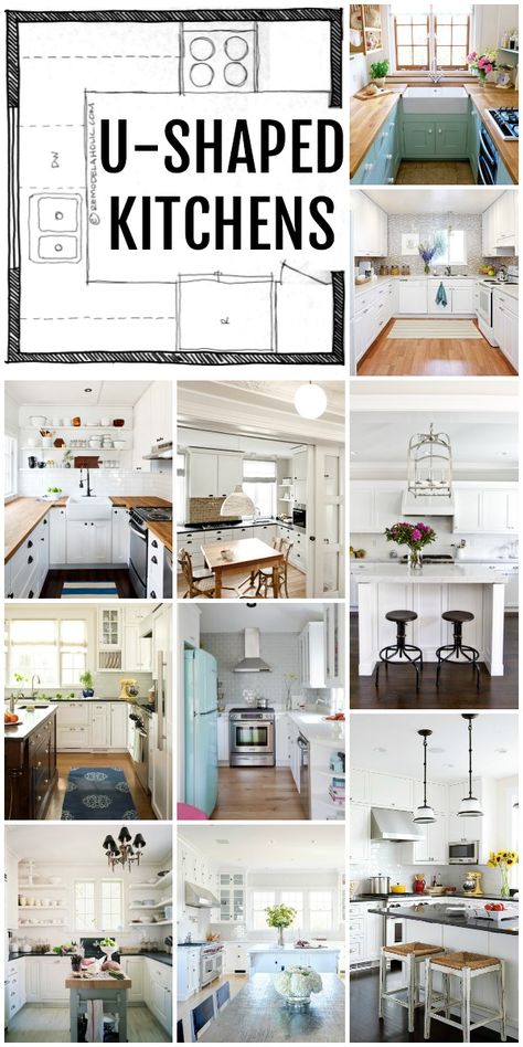 KITCHEN DESIGN | Horseshoe Kitchen Layouts via Remodelaholic.com Horseshoe Kitchen With Island, 3 Sided Kitchen Layout, 3 Side Kitchen Design, 3 Wall Kitchen Layout, Horseshoe Kitchen Layout, Fridge Layout, Horseshoe Kitchen, Movable Island, U Kitchen