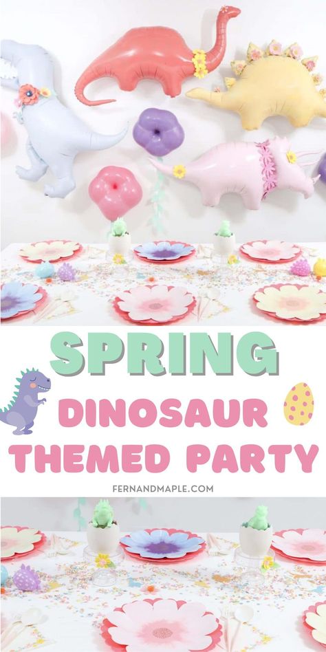 See the softer side of dinosaurs in this Pastel Spring Dinosaur Party! With ideas for DIY backdrop, centerpieces, place settings and more! Get details now at fernandmaple.com! Girly Dinosaur Birthday Party, Dino Party Centerpiece Diy, Pastel Dino Party, Girls Dinosaur Birthday, Three Rex Girl Birthday Party, Dinosaur Party Centerpieces, Birthday Party Centerpieces Kids, Dinosaur Princess Party, Dinosaur Tea Party Birthday