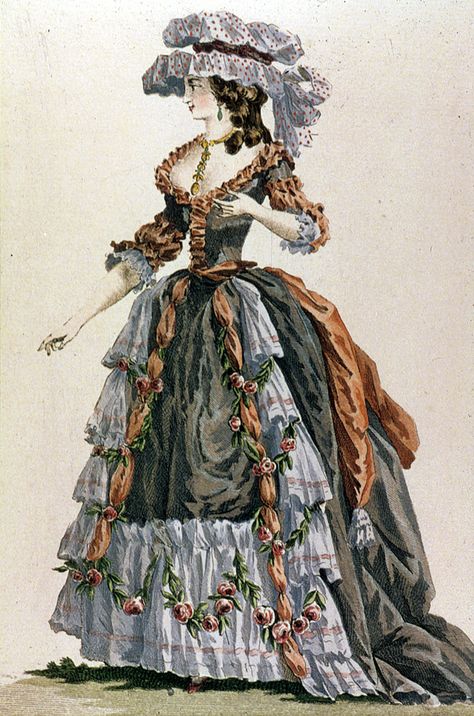 engraving from "Galerie des Modes et Costumes Francais", c.1778-1787, 18th Century. wide ruffle border extending to either end of the gown Rococo Fashion 18th Century, 1700s Fashion Women, 18th Century Ball Gown, 1750s Fashion, 18th Century French Fashion, 1760s Fashion, 1770s Fashion, 1790s Fashion, French Dresses