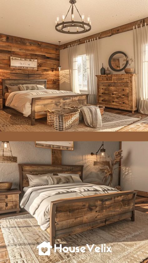 Rustic Wood Furniture Wooden Ladder Decor, Rustic Bedroom Ideas, Rustic Wooden Furniture, Rustic Bedroom Design, Rustic Wood Furniture, Vintage Trunks, Wooden Ladder, Exposed Brick Walls, Reclaimed Wood Wall