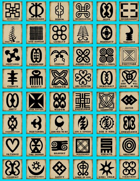 African symbols known as adinkra are ubiquitous in Ghana, a beautiful West African country on the Atlantic, situated between Cote d'Ivoire and Togo. On cloth and walls, in pottery and logos, these Asante tribe symbols can be found everywhere. Adinkra Cloth, African Tattoo, African Symbols, West African Countries, African Origins, Different Symbols, Afrique Art, Adinkra Symbols, Afrikaanse Kunst