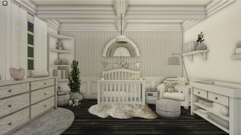 Two Story Bedroom Bloxburg, Nursery Room Ideas Bloxburg, Bloxburg House Ideas Nursery, Bloxburg Suburban Bedroom Ideas, Baby Room Design Bloxburg, Baby Room In Bloxburg, Bloxburg Nursery Ideas Aesthetic, Nursery Room Bloxburg, Kids Room Bloxburg Ideas