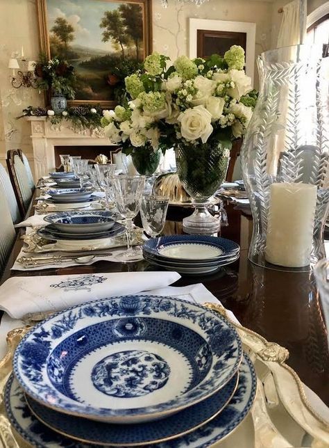 Blue And White Desk, Millennial Style, Grand Millennial Style, Chinoiserie Christmas, Italian Theme, Small Dining Area, Grand Millennial, The Enchanted Home, Blue And White Chinoiserie