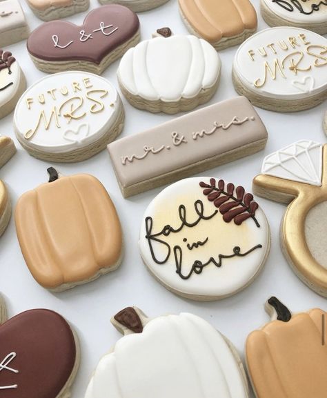 Love Cookies Decorated, Fall Bridal Shower Decorations, Fall Engagement Parties, Engagement Brunch, Autumn Bridal Shower, Wedding Shower Cookies, Fall In Love Bridal Shower, Autumn Bridal, Love Cookies