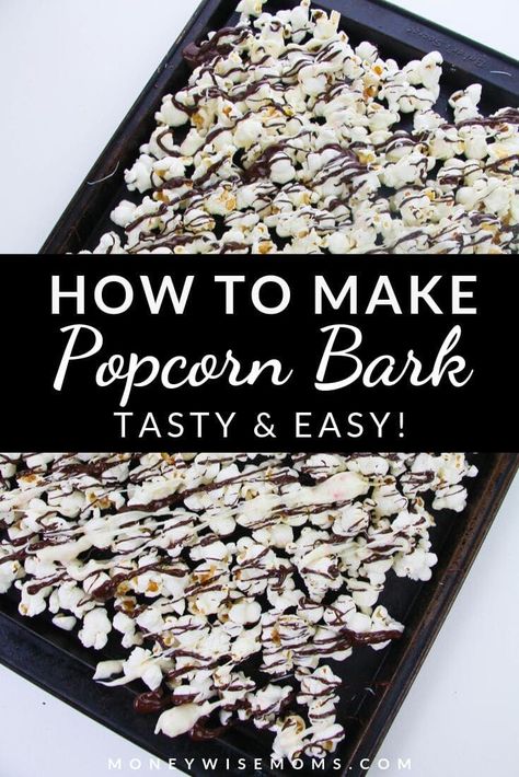 Peppermint Popcorn Bark Recipe - Moneywise Moms Chocolate Covered Popcorn Recipe, Almond Bark Popcorn, Popcorn Bark, Winter Party Foods, Almond Bark Recipes, Peppermint Popcorn, Chocolate Covered Popcorn, How To Make Popcorn, Holiday Favorite Recipes