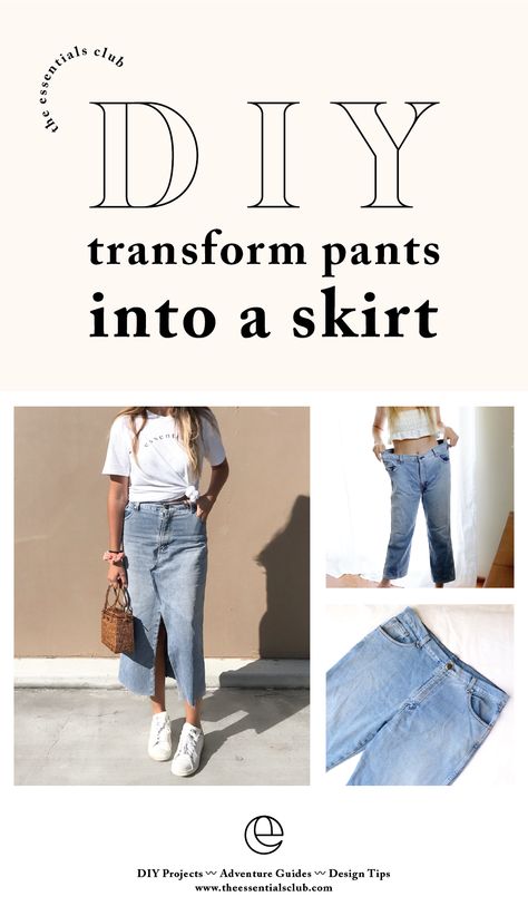 Make what you can and ethically source the rest!  Welcome to The Essentials Club tutorial channel which is all about sharing the steps to become more resourceful and creative with crafting your own minimal, conscious wardrobe.   This DIY tutorial takes you through the steps of how to transform and sew an old, oversized pair of mens pants into a skirt! Jeans To Skirt Diy, Pants To Skirt, Diy Jean Skirt, The Essentials Club, How To Make Jeans, Jean Diy, Jeans Refashion, Diy Pants, Skirt Diy