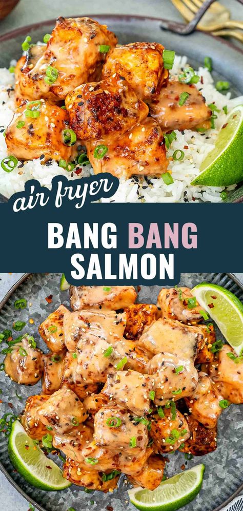 Looking for a flavorful and easy salmon recipe? Try this Bang Bang Salmon! Crispy salmon bites in a tangy, spicy sauce that's perfect for any meal. #BangBangSalmon #SalmonRecipe #EasyDinner #AirFryerRecipes #AsianInspired #QuickMeals #SeafoodLovers Salmon Air Fryer Bowl, Air Fryer Salmon Meal, Easy Delicious Salmon Recipes, Yum Yum Salmon, Easy Healthy Dinner Salmon, Air Fryer Crispy Salmon Bites, Easy Healthy Meals Asian, Easy Salmon Meals, Easy Dinner Recipes Fish