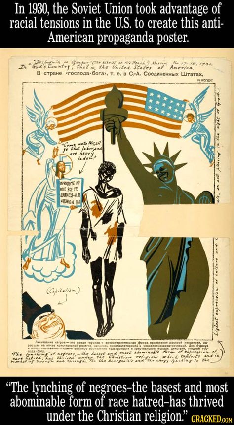 30 Hilariously Bizarre Pieces Of Anti-American Propaganda | Cracked.com American Propaganda, Franklin Roosevelt, Propaganda Art, Kill A Mockingbird, Soviet Art, Black Knowledge, To Kill A Mockingbird, Propaganda Posters, Black American