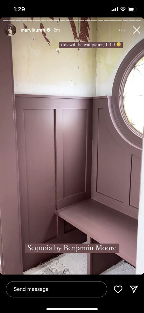 Purple Wainscoting Bedroom, Dusty Purple Wall Color, Mink Violet Benjamin Moore, Gray Beadboard Bathroom, Dusty Purple Bathroom, Purple Bathroom Cabinets, Purple Bathroom Walls, Paint Color For Kitchen Walls, Purple Bathroom Vanity