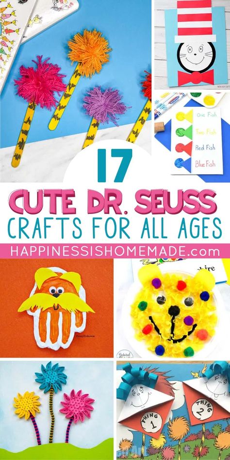 These 17 Dr. Seuss Crafts and Art Projects, featuring your favorite Seuss characters and elements, are sure to be a huge hit with preschool and kindergarten children (and kids of ALL ages!)! Dr. Suess Crafts, Dr Seuss Crafts For Kids, Dr. Seuss Crafts, Dr Seuss Preschool Activities, Dr Seuss Art, Dr Seuss Preschool, Dr Seuss Activities, Dr Seuss Crafts, Dr Seuss Books