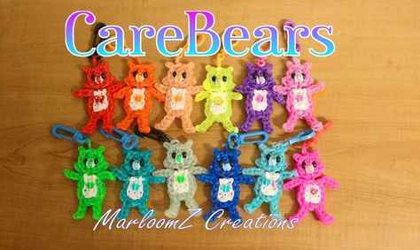 Rainbow Loom Care Bears Tutorial / How To using loom bands tutorial by MarloomZ Creations. Rainbow Loom Bands Bracelet, Pokemon Loom Bands, Loom Loops Crafts, Rainbow Loom Charms Step By Step, Rainbow Loom Keychain Patterns, Rainbow Loom Kit, Rainbow Loom Projects, Rainbow Loom Creations Step By Step, Rainbow Loom Designs Step By Step