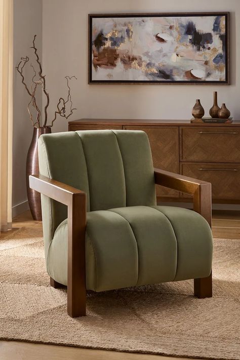 Green Accent Chair Living Room, Single Chairs Living Room, Sage Green Living Room Decor, Sage Green Chair, Lounge Mood Board, Wooden Accent Chair, Dark Moss Green, Modern Accent Chairs, Beige Chair