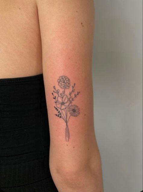 Upper Shoulder Flower Tattoo, Cosmo And Daffodil Tattoo, Cosmos Flower Bouquet Tattoo, Poppy And Narcissus Flower Tattoo, Daffodil Daisy Tattoo, Small Butterfly Flower Tattoo, Womens Sticker Sleeve Tattoo, 3 Birth Flowers Tattoo, Birth Flowers Bouquet Tattoo