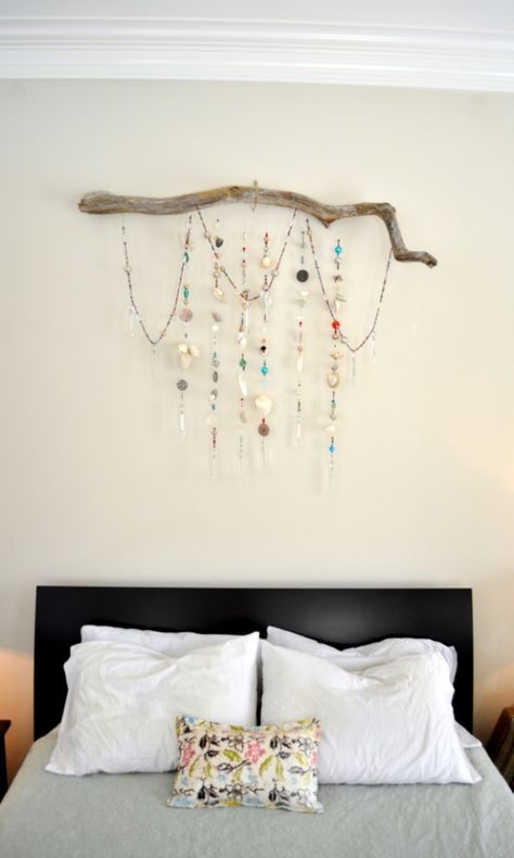 strands of beads, seashells, and chandelier prisms hanging from a driftwood branch Chandelier Prisms, Driftwood Branch, Prisms, The Wall, Wall Hanging, Beads, Bed, Wall, White