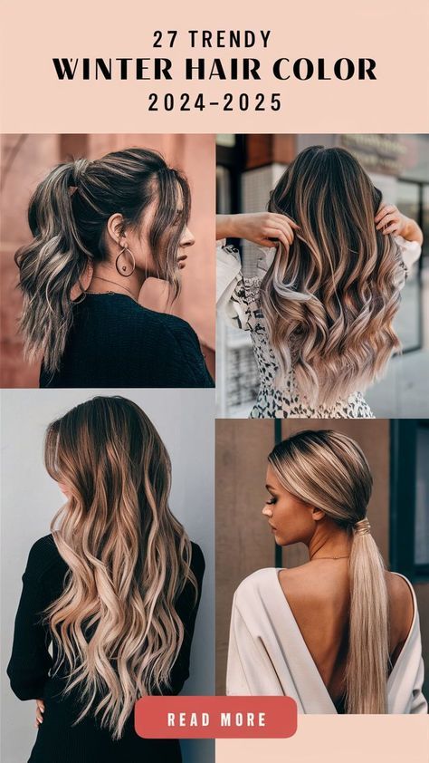 Long Winter Hair, Winter 2024 Hair Color, Cool Winter Hair Color Palette, Winter Hair Color Ideas For Blondes, Hair Color Ideas Brunettes, Winter Hair Styles, Brunette With Blonde Highlights, Chic Ponytail, Winter Hair Color Ideas